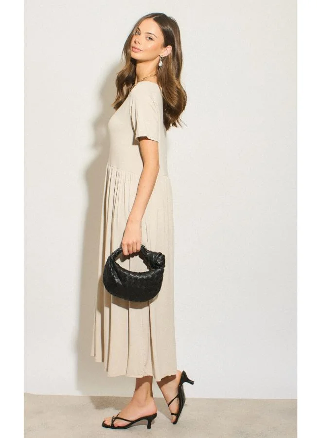 Hoxton Gal Beige Tiered Midi Dress Round Neck, Short Sleeves & Relaxed Fit
