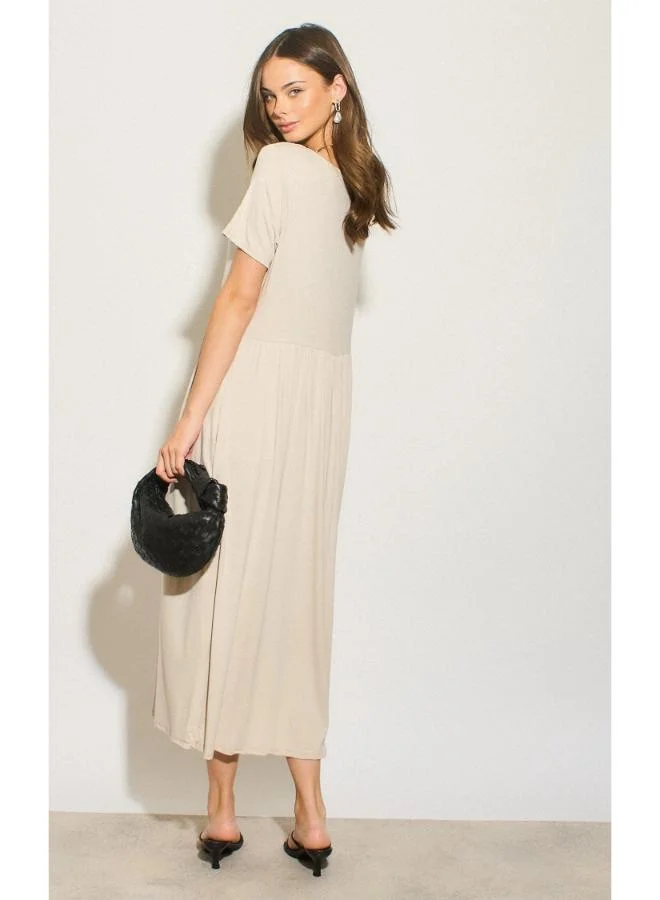 Hoxton Gal Beige Tiered Midi Dress Round Neck, Short Sleeves & Relaxed Fit