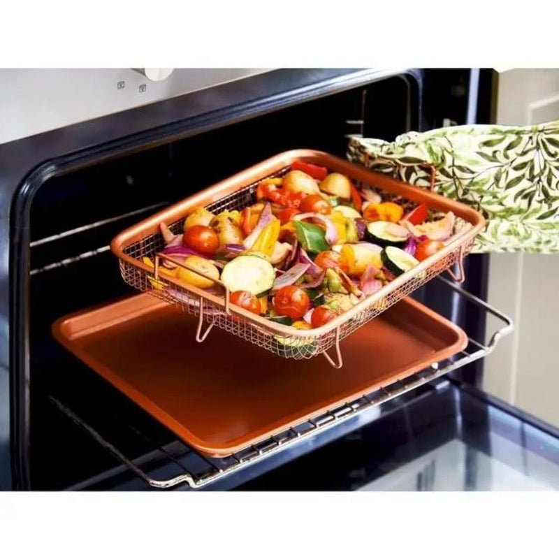 Large Rectangular Roaster With Oil Strainer 2 In 1 For Oven And Serving, Copper - Image 2