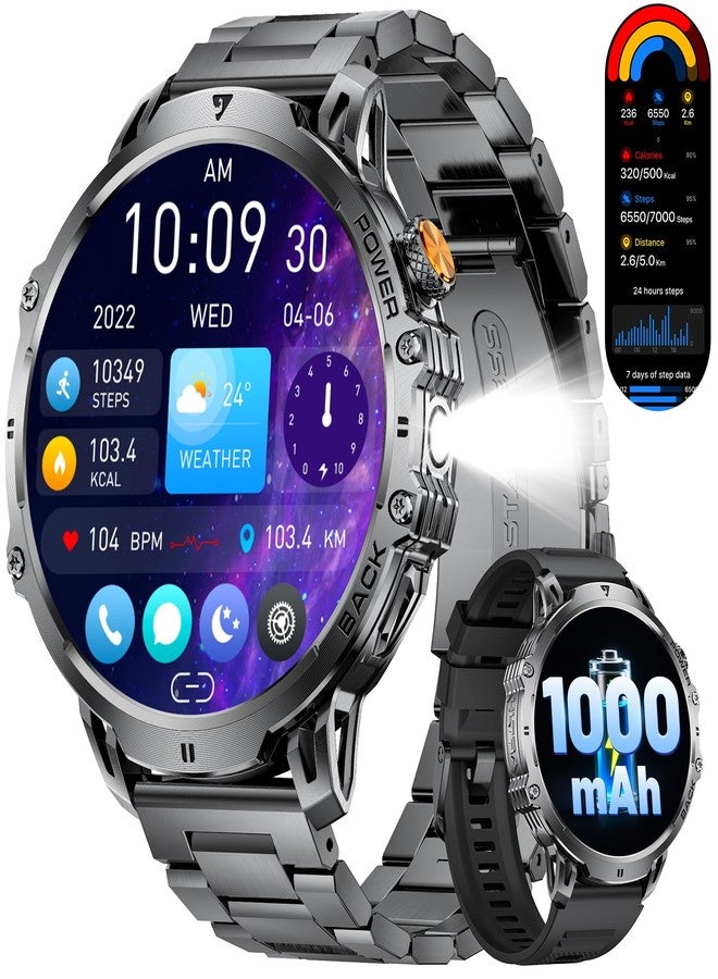 LIGE Military Smart Watches for Men(2 Bands),1000mAh/1.85" HD Large Screen Smartwatch, Flashlight/110+ Sports Modes/Sleep Monitor, Fitness Tracker Watch for Android iOS,Black - Image 1