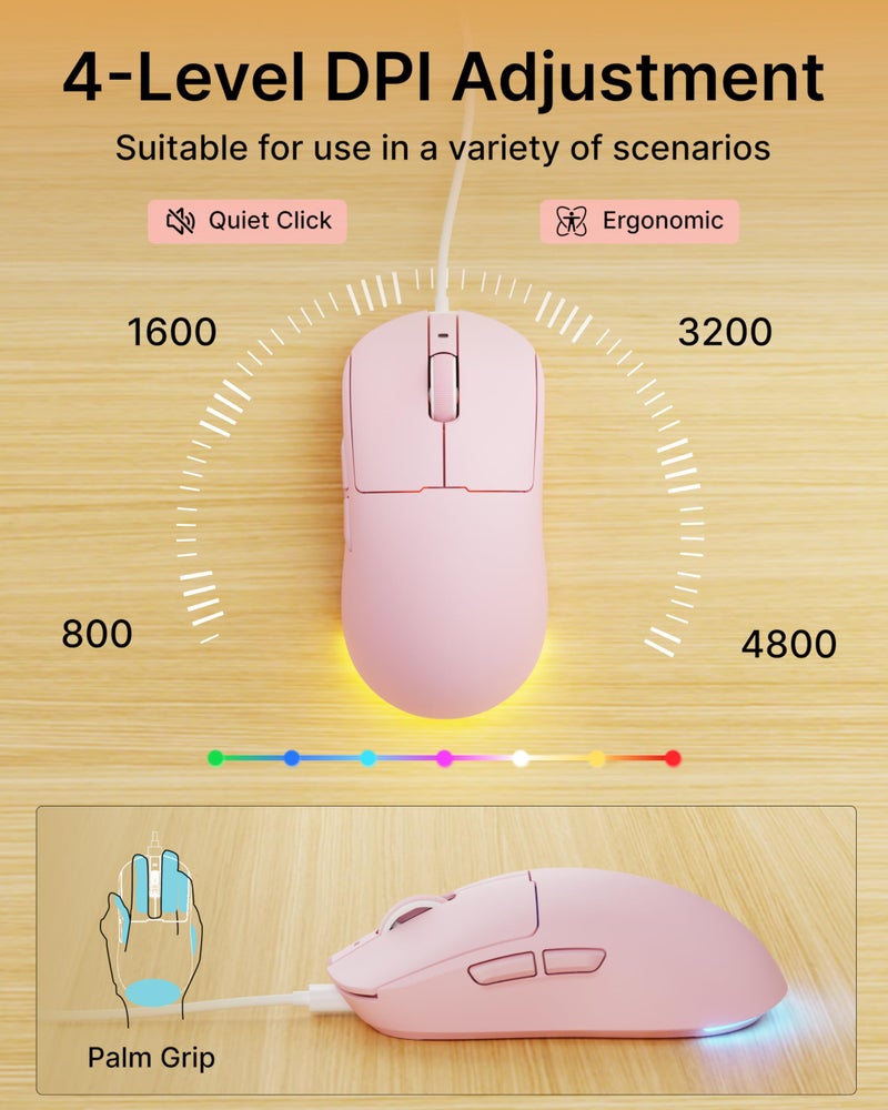 EWEADN C98 Wired Keyboard and Mouse Combo, Wired Computer Keyboards with Wrist Palm, Double-Shot Keycaps, Silent RGB Backlit Keyboard for Windows/MAC/PC (Pink) - Image 5