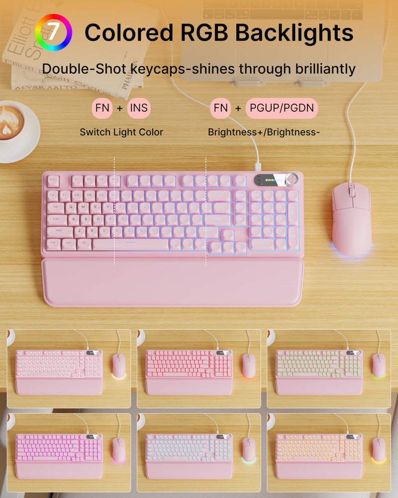 EWEADN C98 Wired Keyboard and Mouse Combo, Wired Computer Keyboards with Wrist Palm, Double-Shot Keycaps, Silent RGB Backlit Keyboard for Windows/MAC/PC (Pink) - Image 2