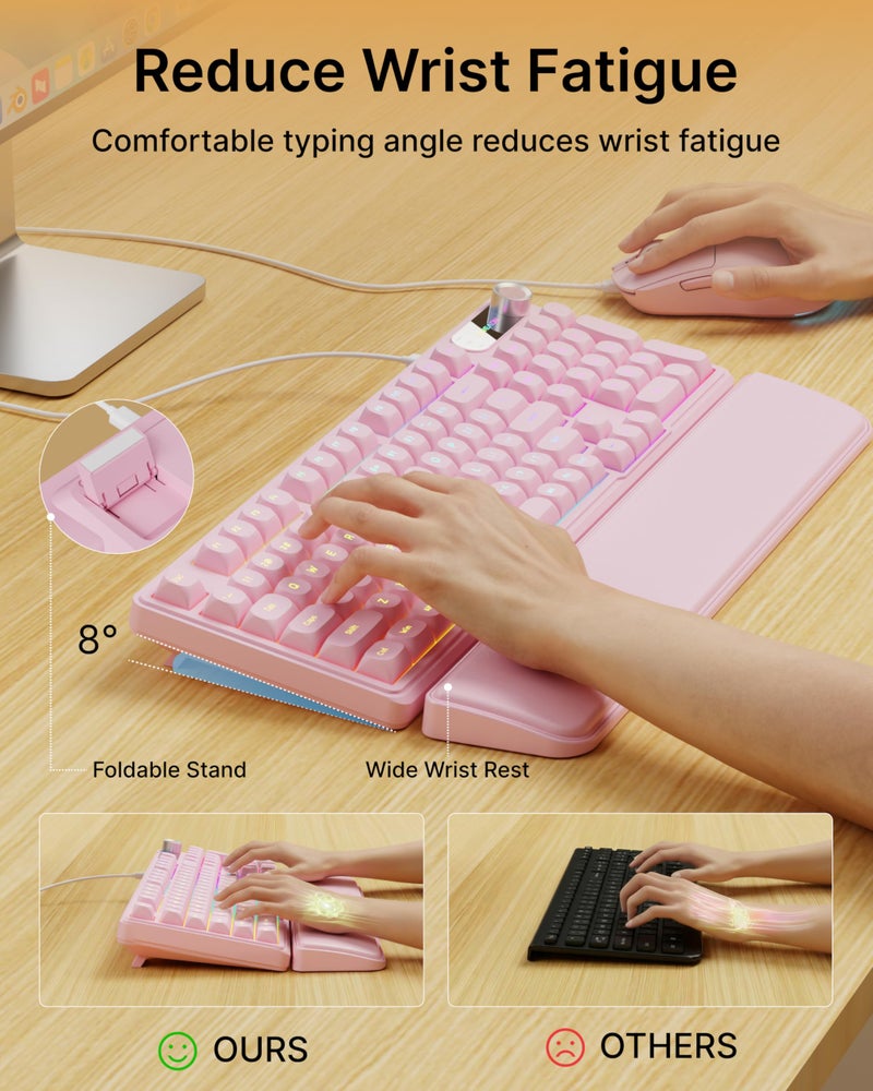 EWEADN C98 Wired Keyboard and Mouse Combo, Wired Computer Keyboards with Wrist Palm, Double-Shot Keycaps, Silent RGB Backlit Keyboard for Windows/MAC/PC (Pink) - Image 4