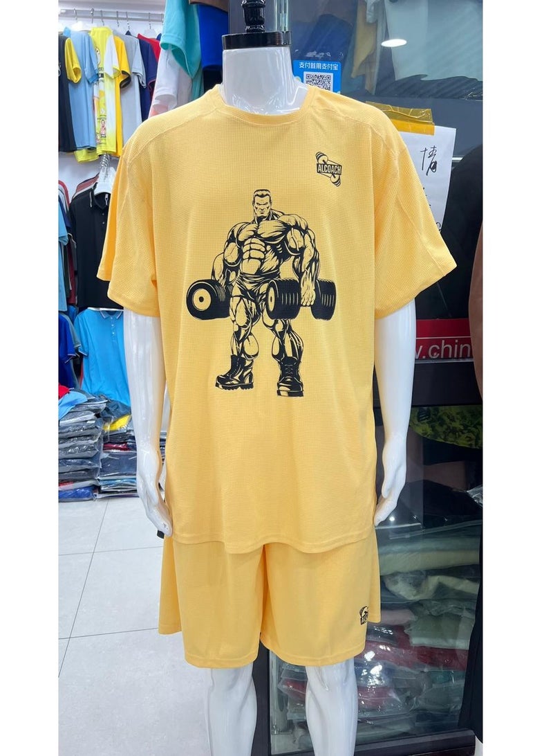 ALCOACH 2Pcs Men's Casual Short Sleeve Tracksuit Summer T Shirt & Shorts Set Waffle Sports Suit Athletic Matching Set with Pockets Khaki  - Image 3