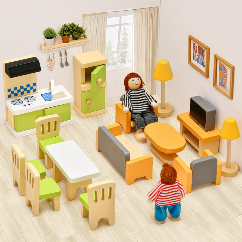 Toyssa Wooden Dollhouse Furniture Set, 36PCS Miniature Doll House Accessories with Colorful 5 Room & 4 Flexible Family Dolls, Pretend Play Toys Birthday Gift for Toddlers 3 4 5 6 Years Old - Image 2