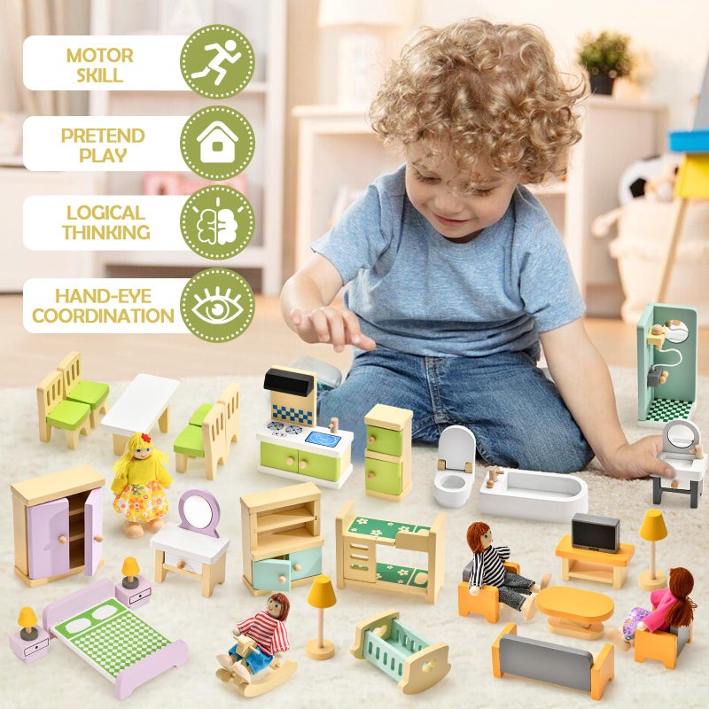 Toyssa Wooden Dollhouse Furniture Set, 36PCS Miniature Doll House Accessories with Colorful 5 Room & 4 Flexible Family Dolls, Pretend Play Toys Birthday Gift for Toddlers 3 4 5 6 Years Old - Image 5
