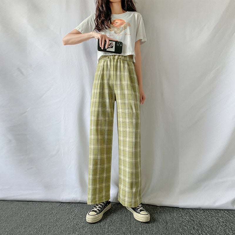 High Waist Slimming Plaid Pants Women Autumn Winter Casual Warm Fleece-Lined Wide Leg Trousers Thin purple plaid - Image 1