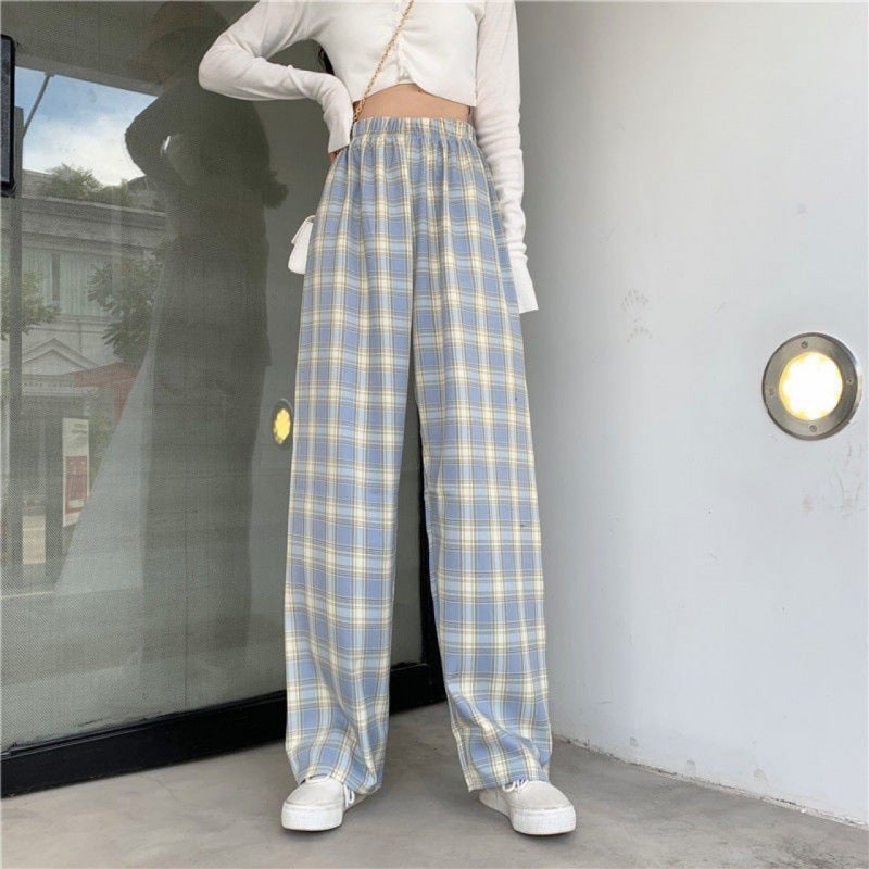 High Waist Slimming Plaid Pants Women Autumn Winter Casual Warm Fleece-Lined Wide Leg Trousers Thin purple plaid - Image 4