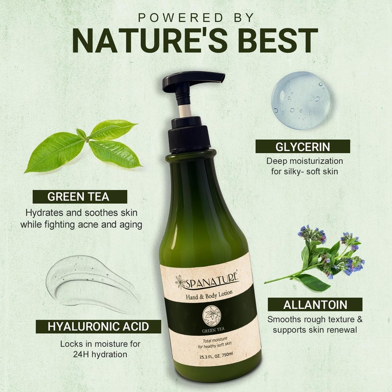 Spanature Green Tea Body Lotion For Women - Natural Green Tea Moisturizer for Face & Hands, Nourishing & Restoring Formula â€“ Non-Greasy, Fast Absorbing - 750ml/25oz with Pump, Made in Korea - Image 2