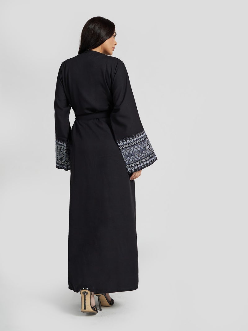 Reem Abayas Women's Tribal Geometric Embroidered Abaya - Black & Blue Modest Kaftan - Image 4