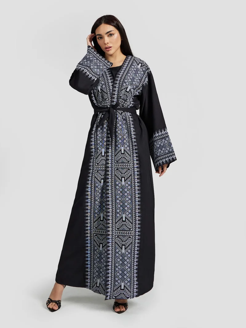 Reem Abayas Women's Tribal Geometric Embroidered Abaya - Black & Blue Modest Kaftan