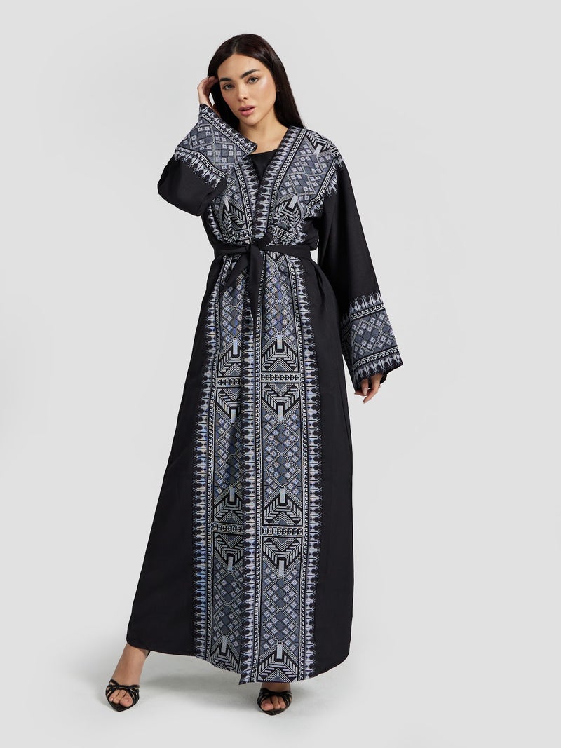 Reem Abayas Women's Tribal Geometric Embroidered Abaya - Black & Blue Modest Kaftan - Image 2