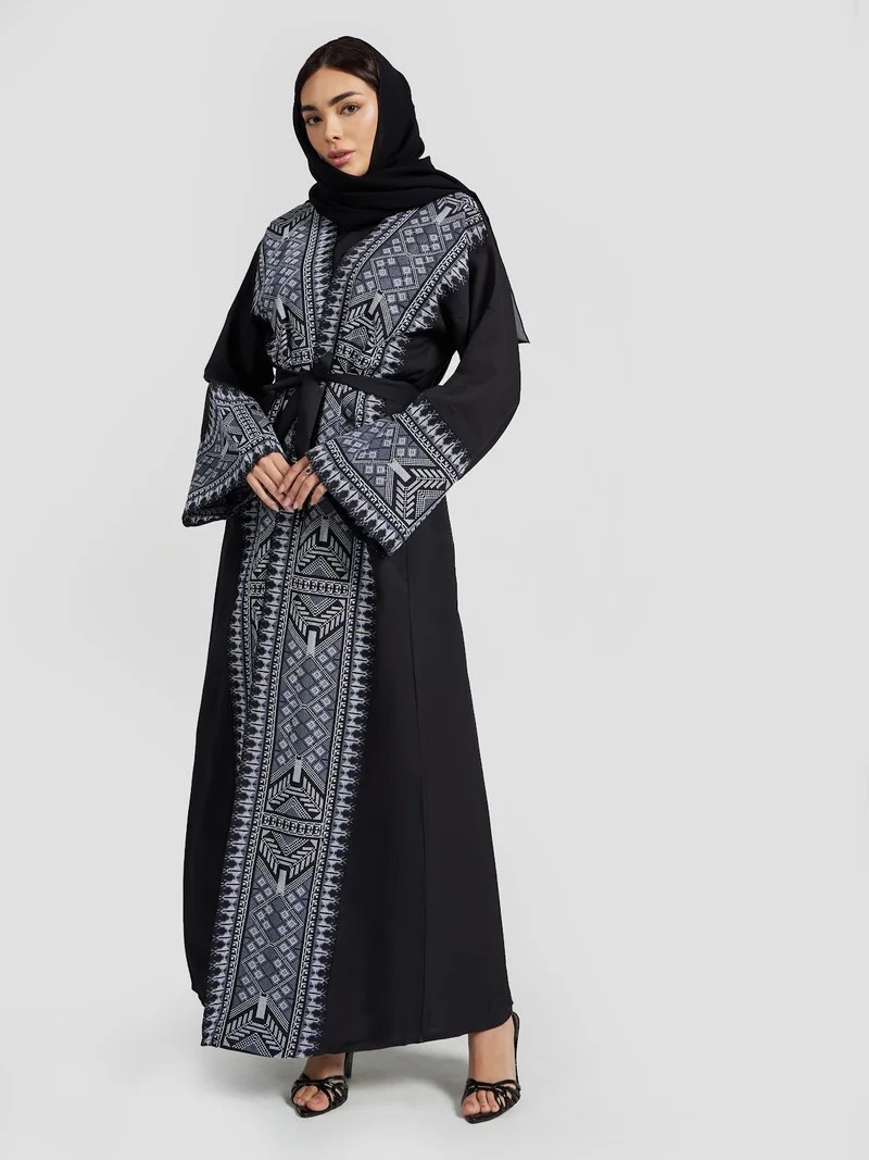 Women's Tribal Geometric Embroidered Abaya - Black & Blue Modest Kaftan