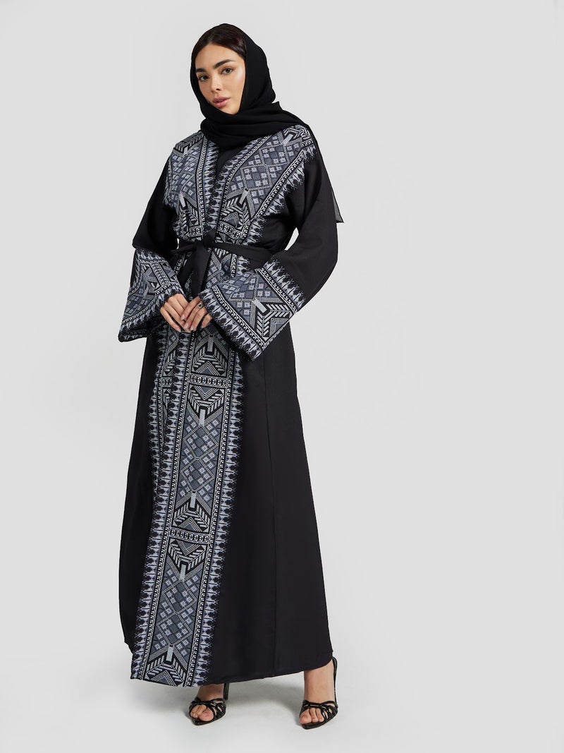 Reem Abayas Women's Tribal Geometric Embroidered Abaya - Black & Blue Modest Kaftan - Image 1