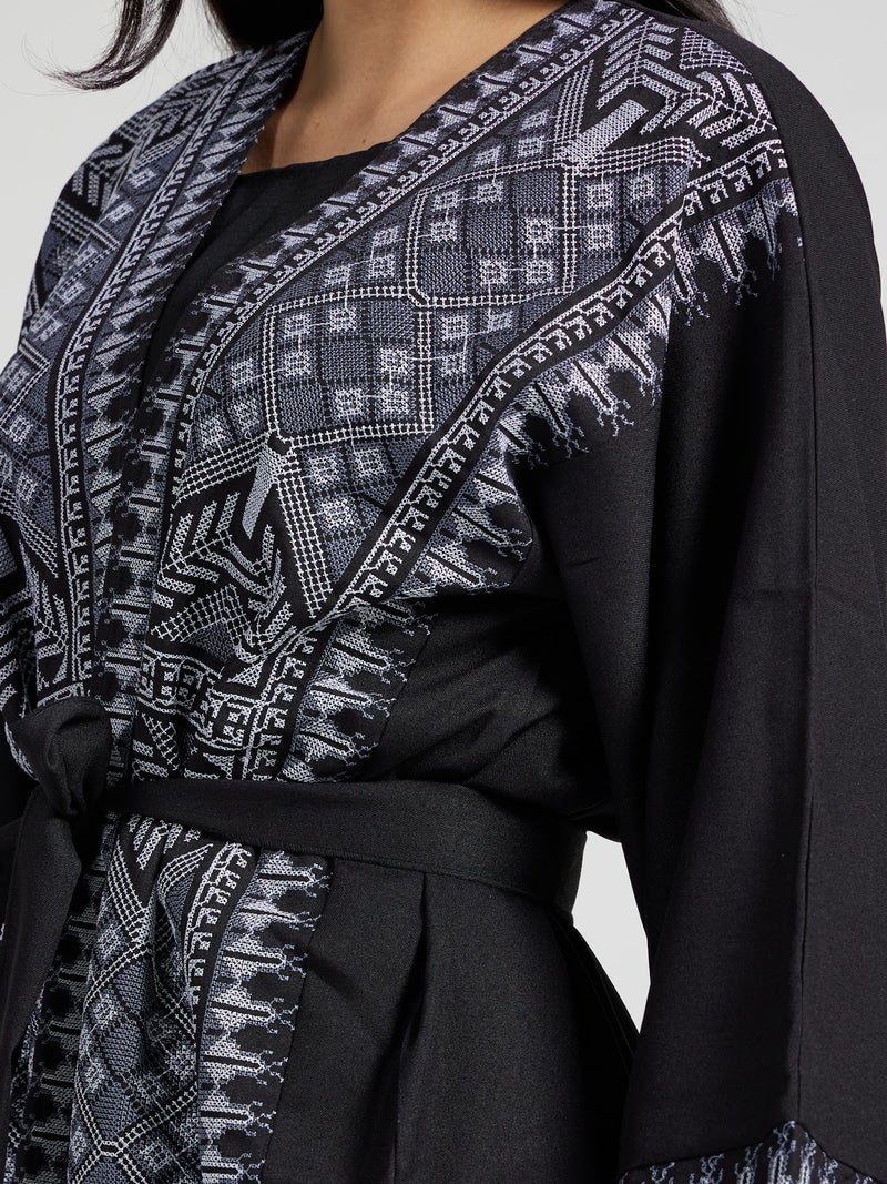 Reem Abayas Women's Tribal Geometric Embroidered Abaya - Black & Blue Modest Kaftan - Image 3