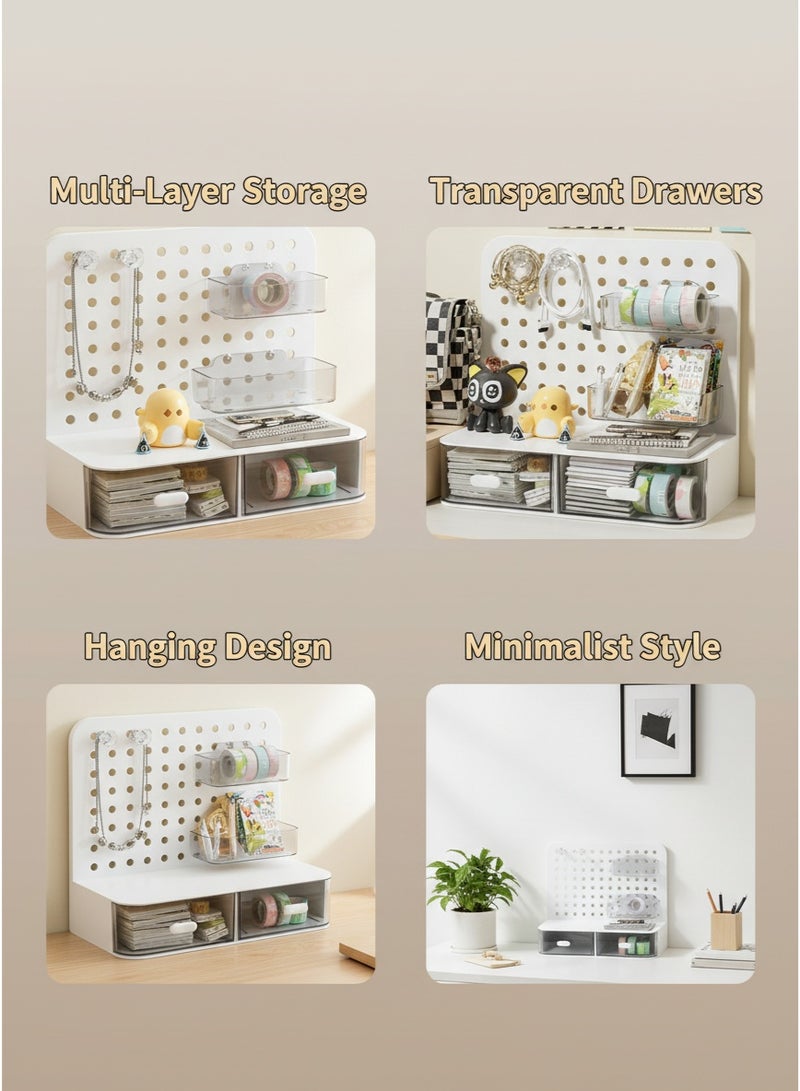 الآلة الصغيرة قابل للطي 90 درجة Pegboard منظم تخزين سطح المكتب ، مزدوج درج سطح المكتب كادي مع قنوات معلقة واضحة قابلة للفصل و Peg Hooks ، منظم مكتب متعدد الأغراض للقرطاسية والمكياج وغرفة النوم المنزلية واستخدام المكتب - Image 2