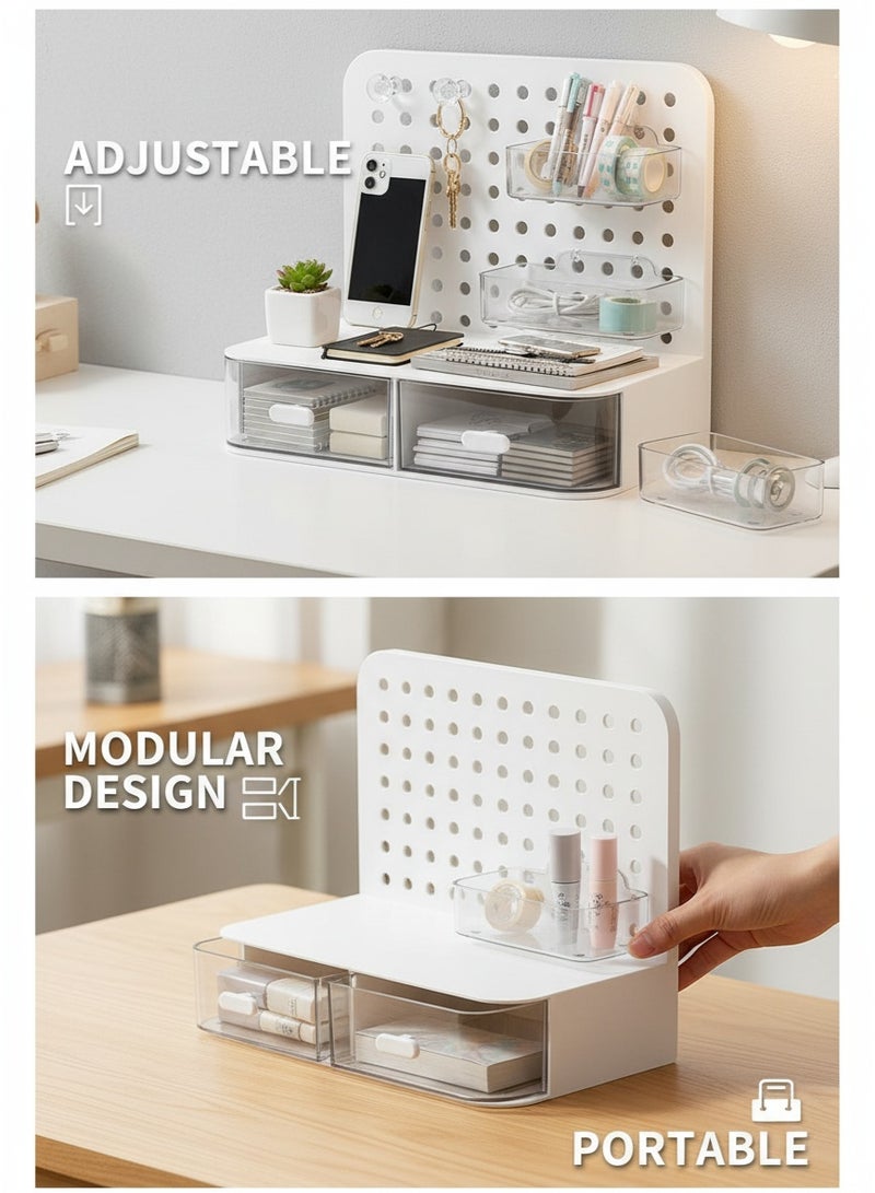 الآلة الصغيرة قابل للطي 90 درجة Pegboard منظم تخزين سطح المكتب ، مزدوج درج سطح المكتب كادي مع قنوات معلقة واضحة قابلة للفصل و Peg Hooks ، منظم مكتب متعدد الأغراض للقرطاسية والمكياج وغرفة النوم المنزلية واستخدام المكتب - Image 4
