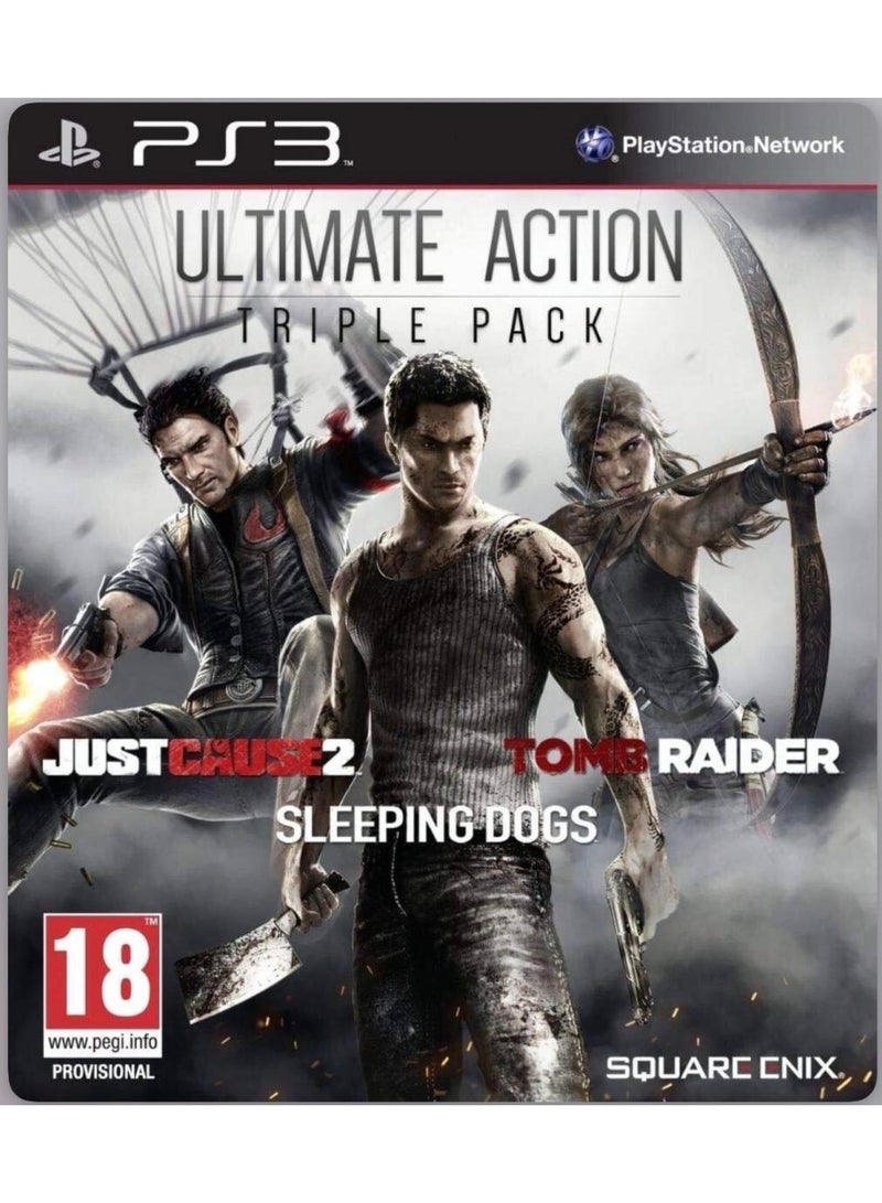 PlayStation Ultimate Action Triple Pack for PlayStation 3 (PS3) | Includes Just Cause 2 + Sleeping Dogs + Tomb Raider | Open-World Action Adventure Bundle | International Version | PEGI 18