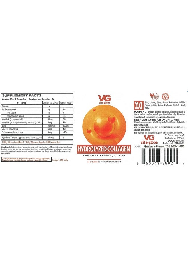 VitaGlobe Hydrolized Collagen Gummies - Type I II III V & X, Vitamin for Women Men Healthy Skin Hair Nails, Beauty Support, Bone & Joint Support, 60 Count