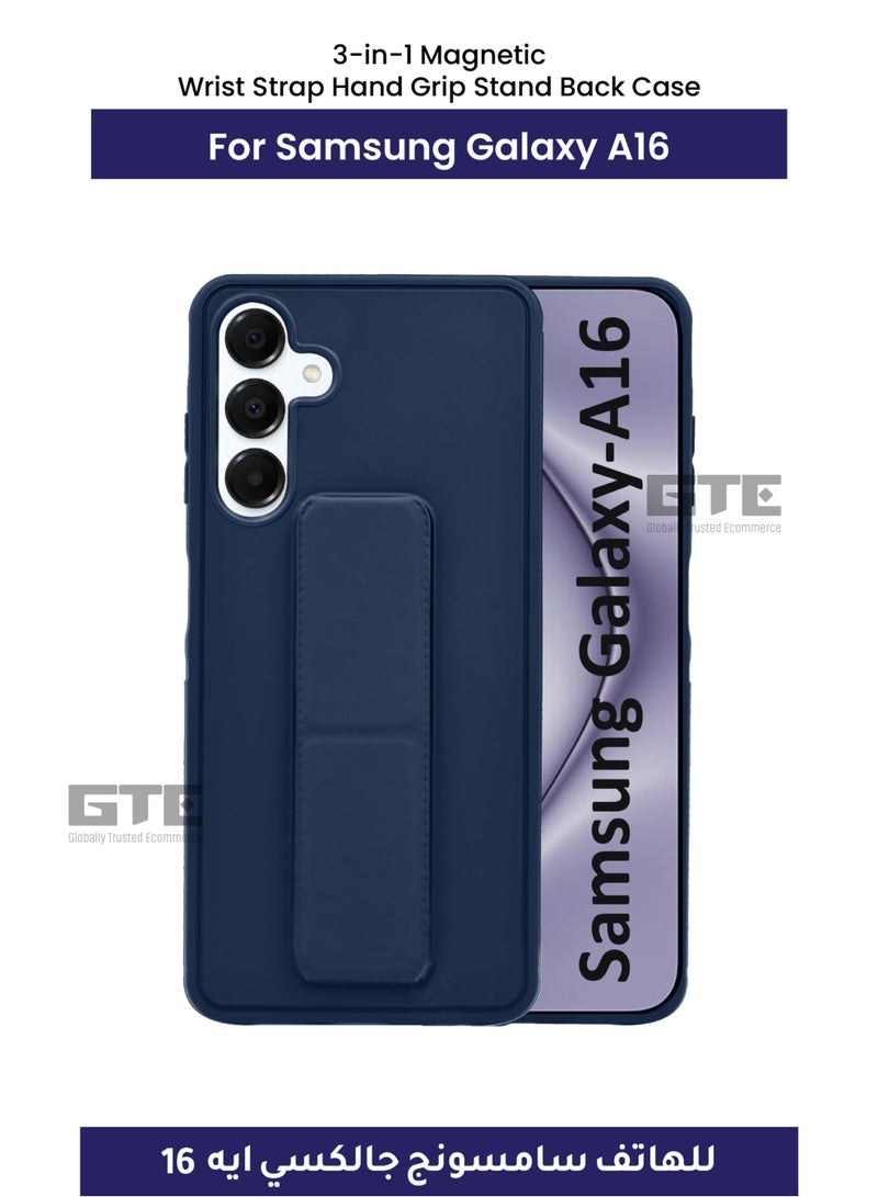 3-in-1 Magnetic Wrist Strap Hand Grip Stand Back Case Cover for Samsung Galaxy A16-Navy Blue