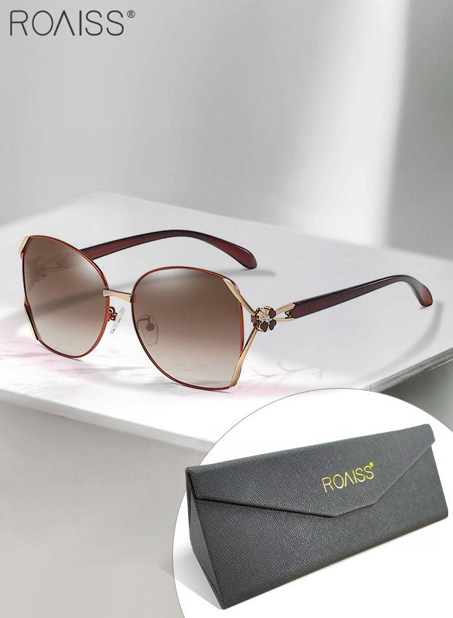رويس نظارة شمسية نسائية بتصميم فراشة مستقطبة عتيقة، حماية من الأشعة فوق البنفسجية 400، بإطار ذهبي بني مزين بنقشة نبات البرسيم ذي الأربع أوراق، نظارات شمسية عصرية مضادة للتوهج للنساء مع حافظة للنظارات، مقاس 61 مم - Image 1