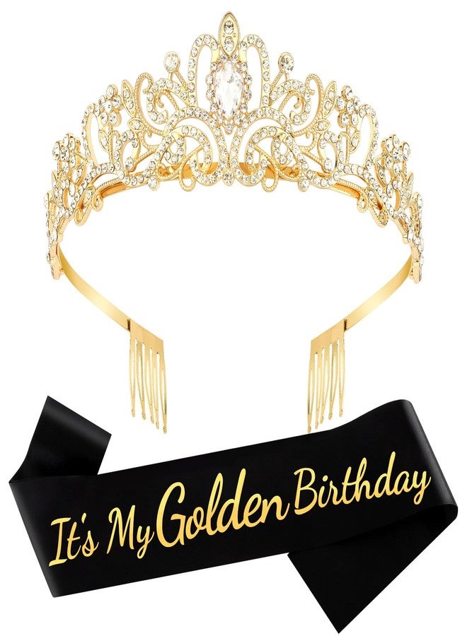 Vovii It's My Golden Birthday Sash and Crown Set for Women Girls Birthday Party Decorations Decor Party Favors Gifts - Image 1