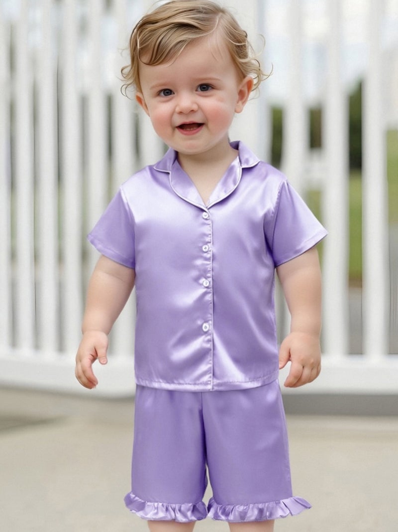 Toddler Baby Girl Summer Pajamas Set Button Down Lapel V Neck Short Sleeve Tops& Ruffled Shorts Solid Lounge Wear 2 Pcs Set - Image 4