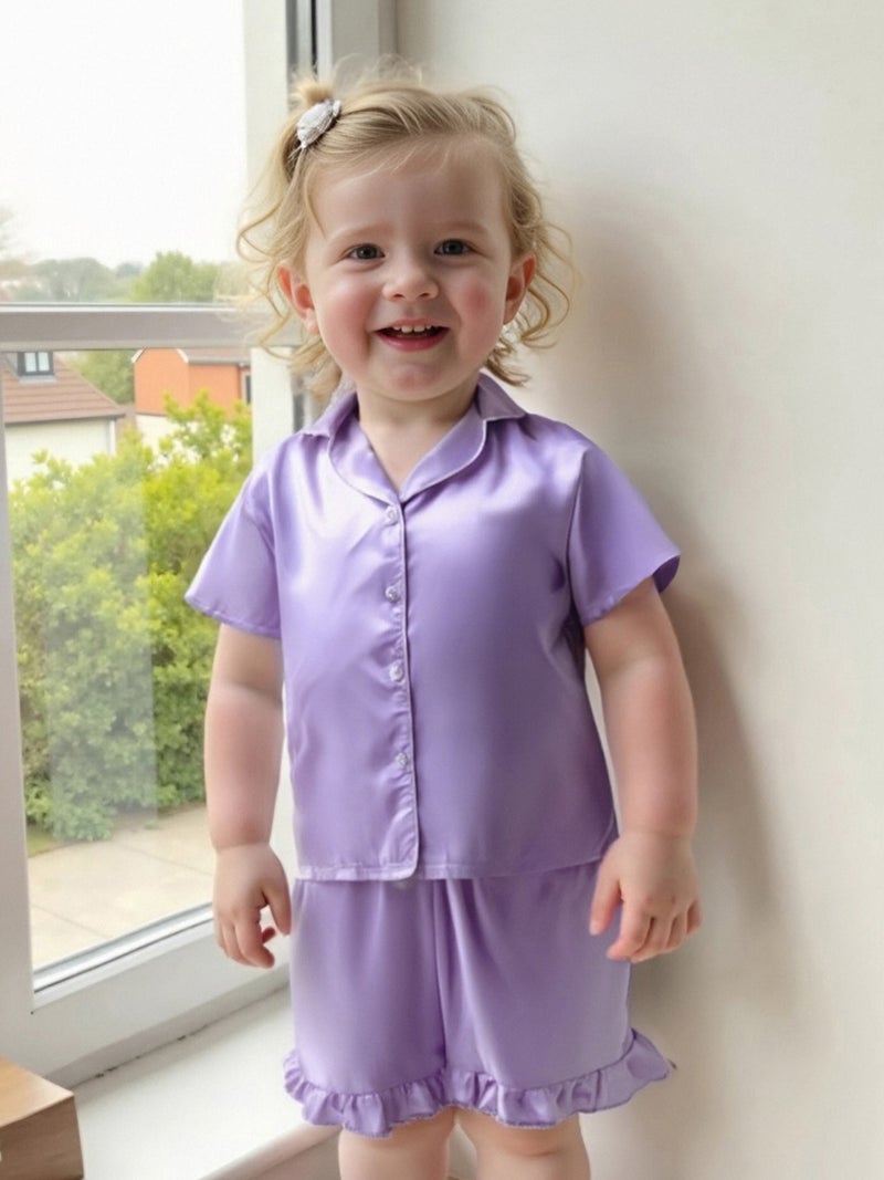 Toddler Baby Girl Summer Pajamas Set Button Down Lapel V Neck Short Sleeve Tops& Ruffled Shorts Solid Lounge Wear 2 Pcs Set - Image 5