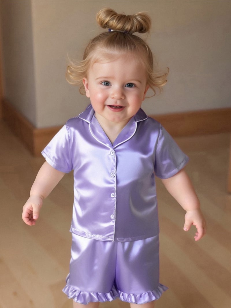 Toddler Baby Girl Summer Pajamas Set Button Down Lapel V Neck Short Sleeve Tops& Ruffled Shorts Solid Lounge Wear 2 Pcs Set - Image 1
