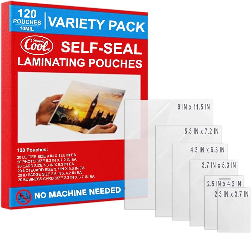 Simply Cool 10mil Self-Adhesive Cold Laminating Sheets (120 Variety Count) Letter, Photo, Card, Notecard, I.D. Badge and Business Card Sizes. No Heat, No Machine needed, Easy Self-Sealing Pouches - Image 1