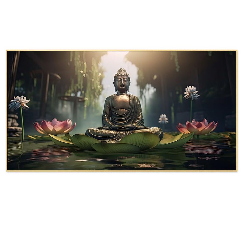 DEKORSTATION Meditating Budha With Pink Lotus Flower Canvas Painting for Home DcorBuddha Wall Art Painting for Living RoomDigital Print Canvas PaintingWall Painting for BedroomSize 12x24 Inch - Image 2
