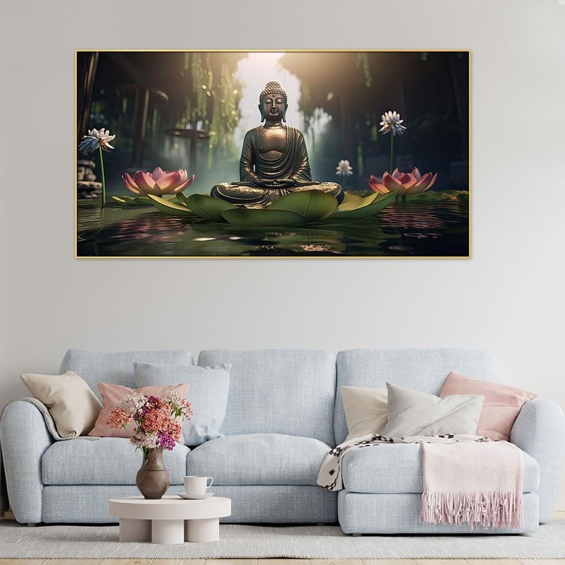 DEKORSTATION Meditating Budha With Pink Lotus Flower Canvas Painting for Home DcorBuddha Wall Art Painting for Living RoomDigital Print Canvas PaintingWall Painting for BedroomSize 12x24 Inch - Image 3
