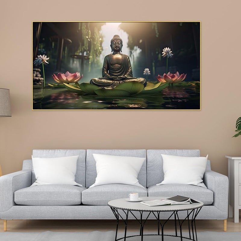 DEKORSTATION Meditating Budha With Pink Lotus Flower Canvas Painting for Home DcorBuddha Wall Art Painting for Living RoomDigital Print Canvas PaintingWall Painting for BedroomSize 12x24 Inch - Image 1