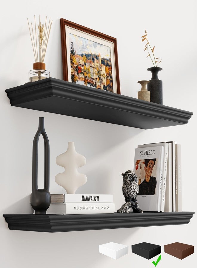 Fun Memories Floating Shelves 32 Inch Long, 9.3 Inch Deep Classic Crown Molding Floating Shelves for Wall, Rustic Wooden Shelves for Wall Decor Bathroom, Kitchen, Office, (Black, 2Pack) - Image 1