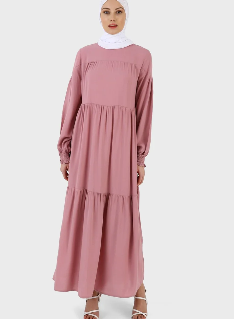 Refka by modanisa Puff Sleeve Tiered Dress