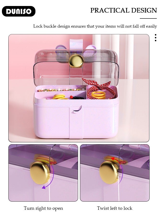 DUNISO 2 Layers Hair Accessories Storage Box with Lid, Hairband Hair Clip Jewelry Organizer, Lockable Desktop Storage Box, Portable Medicine Storage Box, Multipurpose Organizer Case for Hair Clips, Makeup, Sewing Art - Image 2