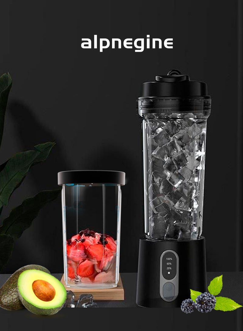 ALPNEGINE Portable Blender 2 in 1 with 500ml and 200ml Cup, Upgraded Stainless Steel Blades for Jucier, Shakes & Smoothies, 4000mAh USB Rechargeable Potable Blender for Kitchen/Gym/Outdoor (Black) - Image 1