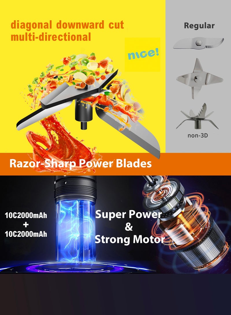 ALPNEGINE Portable Blender 2 in 1 with 500ml and 200ml Cup, Upgraded Stainless Steel Blades for Jucier, Shakes & Smoothies, 4000mAh USB Rechargeable Potable Blender for Kitchen/Gym/Outdoor (Black) - Image 2