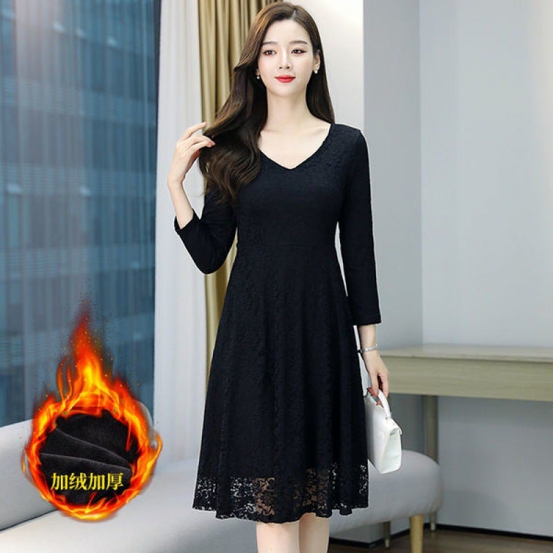 Lace Long Sleeve dress Womens 2024 Autumn and Winter New Korean Style Waist Socialite Elegant chubby girl Midi Large Size Skirt 9201 black fleece-lined thickening focus on shops priority