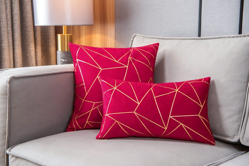 YONGLIU YONGLIU Pack of 2 Soft Velvet Lumbar Throw Pillow Covers Decorative Golden Foil Geometric Pattern Rectangle Cushion Case for Modern Homes Couch Sofa Bedroom Living Room Car Chair(Red  12X20 )  - Image 3