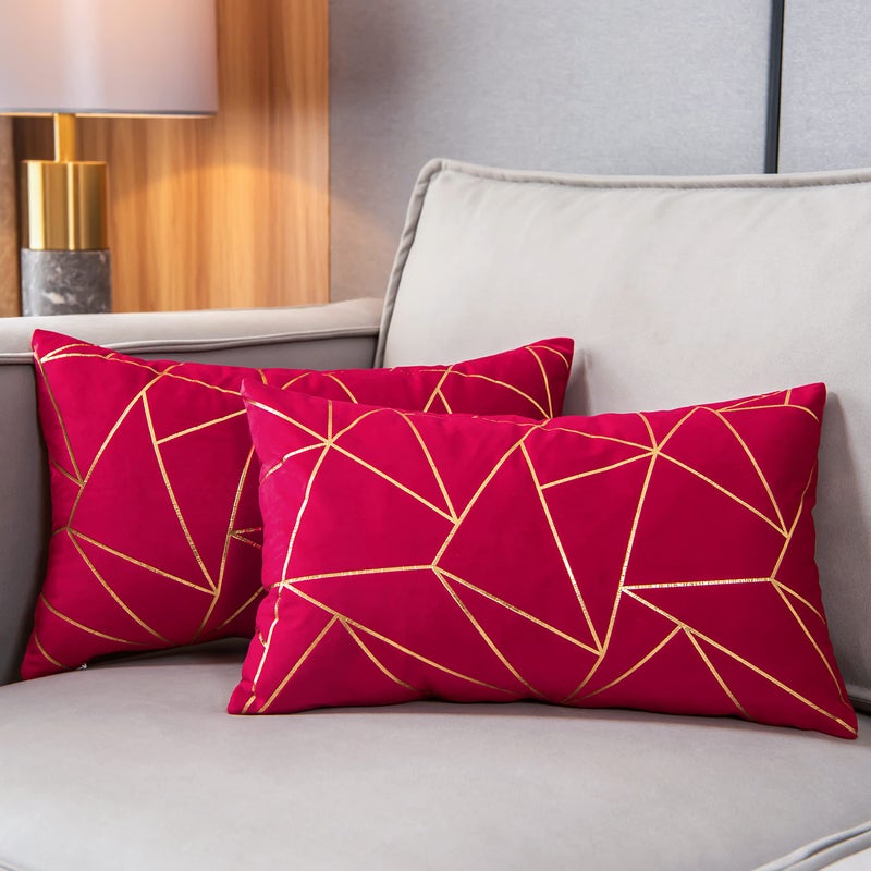 YONGLIU YONGLIU Pack of 2 Soft Velvet Lumbar Throw Pillow Covers Decorative Golden Foil Geometric Pattern Rectangle Cushion Case for Modern Homes Couch Sofa Bedroom Living Room Car Chair(Red  12X20 )  - Image 1