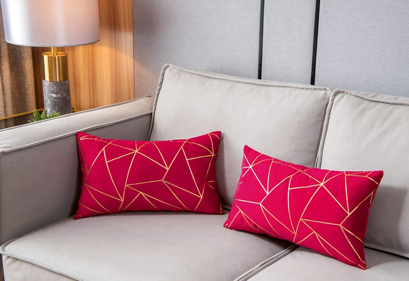 YONGLIU YONGLIU Pack of 2 Soft Velvet Lumbar Throw Pillow Covers Decorative Golden Foil Geometric Pattern Rectangle Cushion Case for Modern Homes Couch Sofa Bedroom Living Room Car Chair(Red  12X20 )  - Image 2