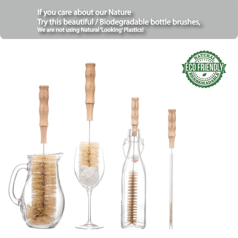 HELLO NATURE 4Pcs Long Handle Bottle Cleaning Brush Set by HELLO NATURE, Sustainable & Biodegradable Natural Fibre Bamboo Handle Brushes Zero-Waste & Plastic Free