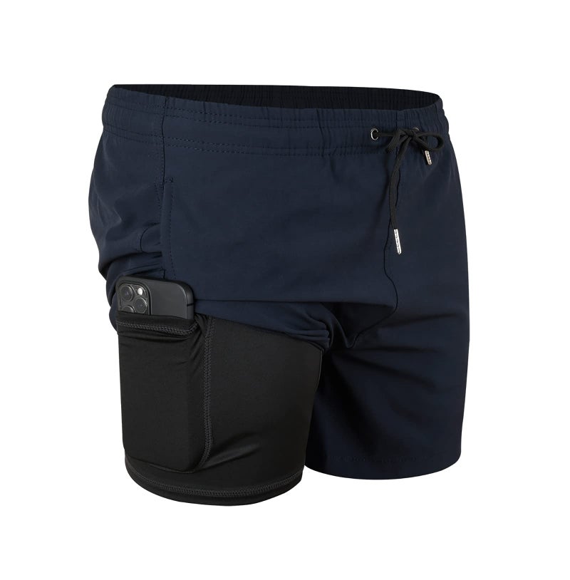 MADHERO Mens Swim Trunks with Compression Liner 2 in 1 Quick Dry Swimming Shorts Swimwear Navy Blue Size S - Image 1