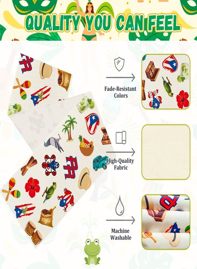 Geodurn 72 x 13 Inches Puerto Rican Themed Table Runner, Colorful Fiesta Design with Puerto Rico Flags, Hibiscus Flowers, Frogs, and Tropical Element for PR Heritage Festivals, and Patriotic Party Decorations - Image 4