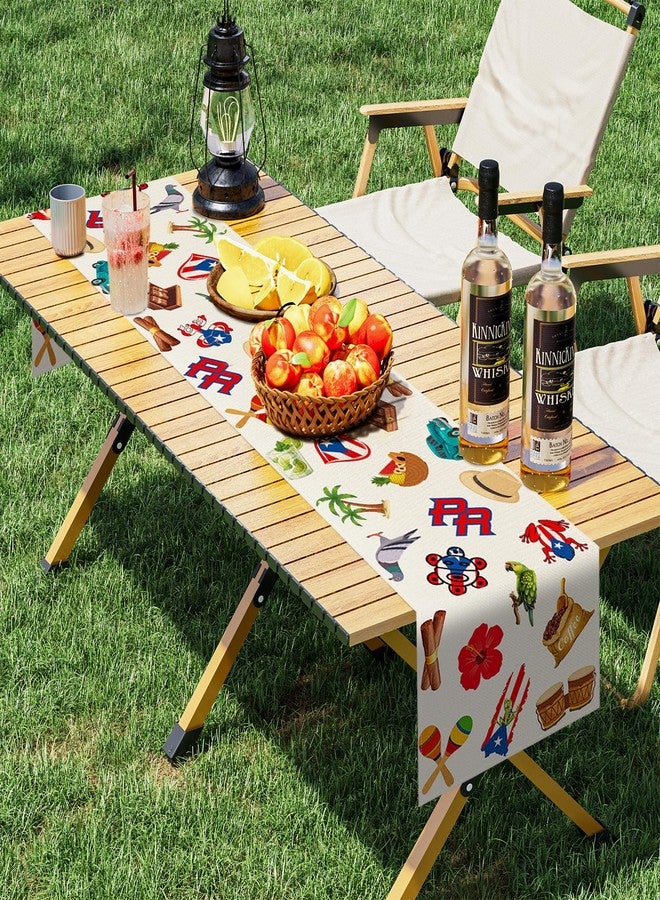 Geodurn 72 x 13 Inches Puerto Rican Themed Table Runner, Colorful Fiesta Design with Puerto Rico Flags, Hibiscus Flowers, Frogs, and Tropical Element for PR Heritage Festivals, and Patriotic Party Decorations - Image 5