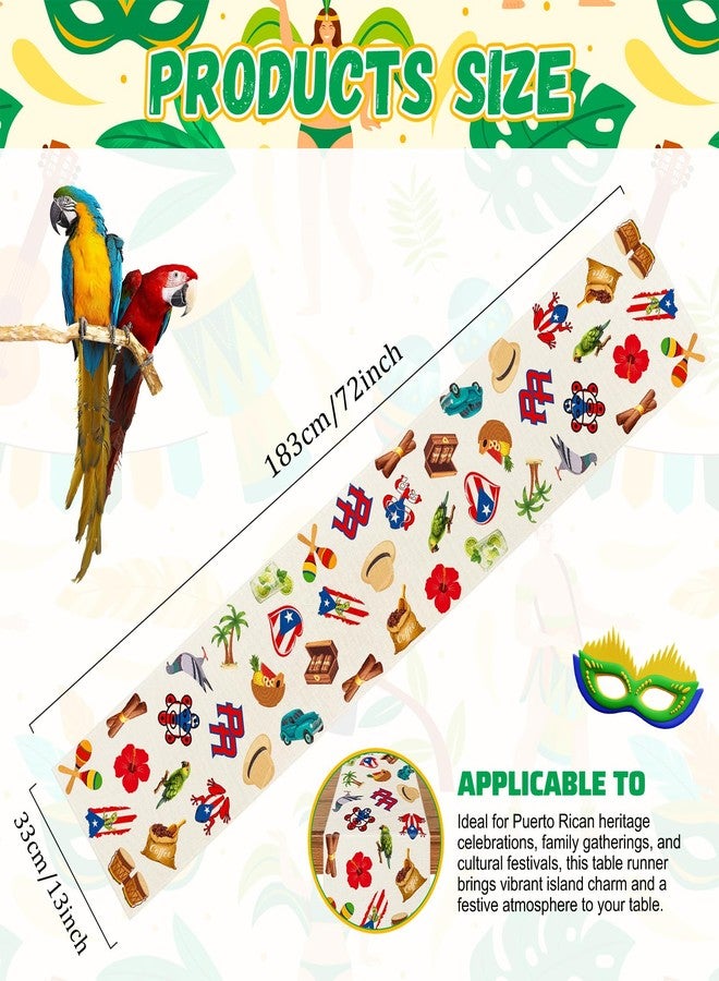 Geodurn 72 x 13 Inches Puerto Rican Themed Table Runner, Colorful Fiesta Design with Puerto Rico Flags, Hibiscus Flowers, Frogs, and Tropical Element for PR Heritage Festivals, and Patriotic Party Decorations - Image 2