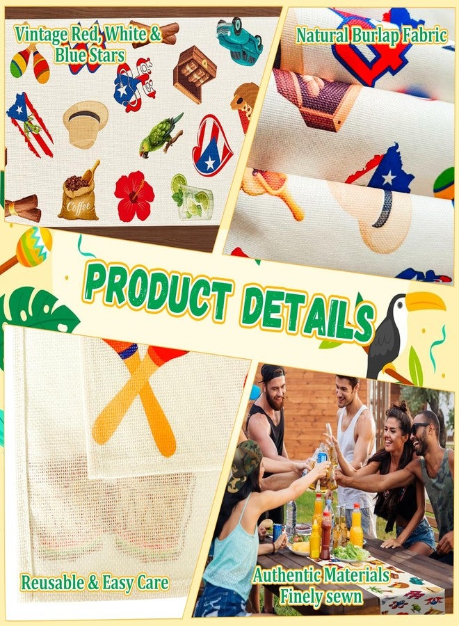 Geodurn 72 x 13 Inches Puerto Rican Themed Table Runner, Colorful Fiesta Design with Puerto Rico Flags, Hibiscus Flowers, Frogs, and Tropical Element for PR Heritage Festivals, and Patriotic Party Decorations - Image 3