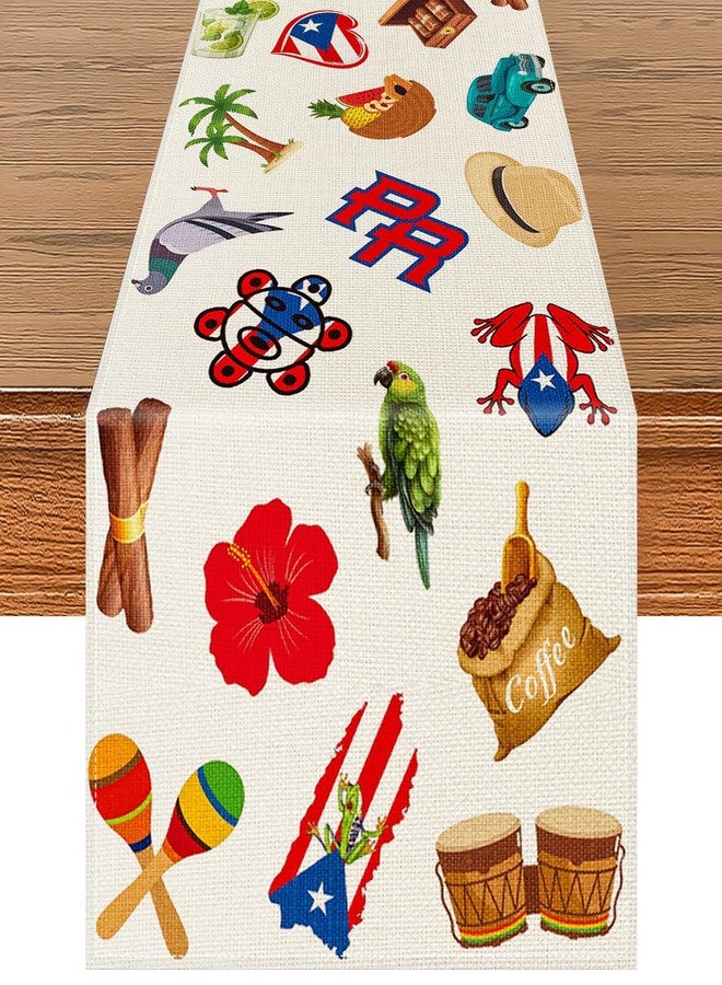 Geodurn 72 x 13 Inches Puerto Rican Themed Table Runner, Colorful Fiesta Design with Puerto Rico Flags, Hibiscus Flowers, Frogs, and Tropical Element for PR Heritage Festivals, and Patriotic Party Decorations - Image 1