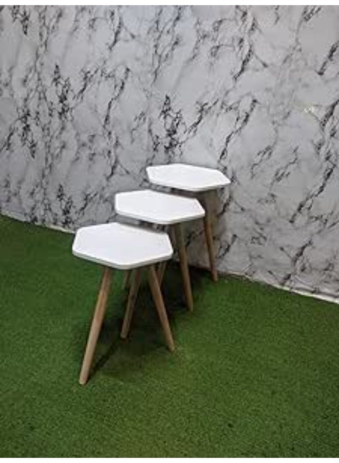 3-Piece Hexagonal Nesting Coffee Tables Set, Modern White Marble Pattern Wood Top with Sturdy Wooden Legs Accent Tables for Living Room